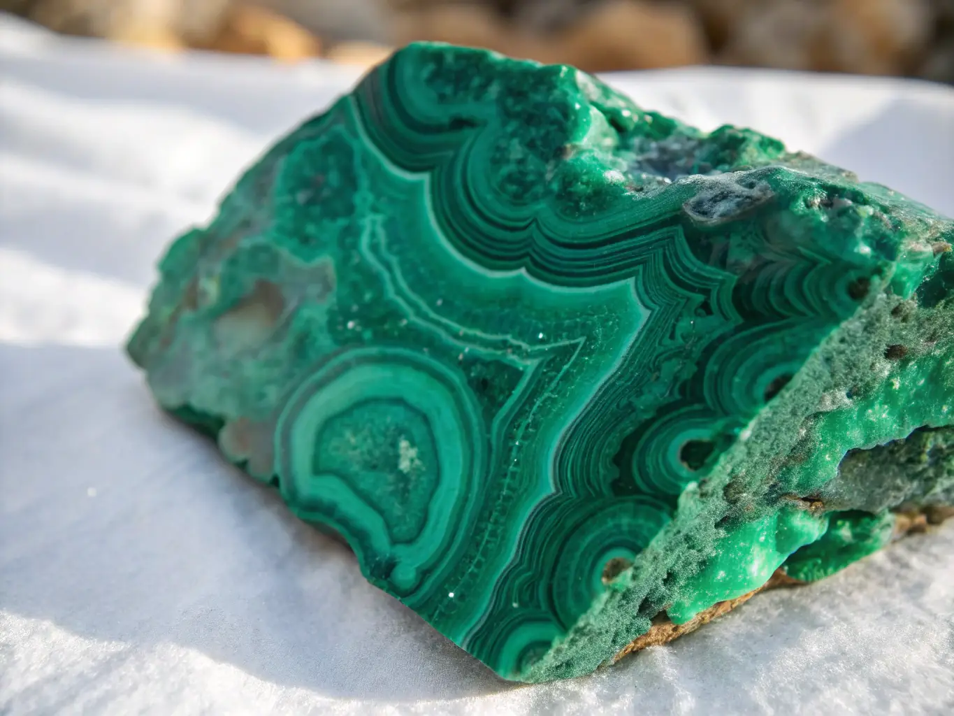 A close-up shot of a raw malachite specimen, showcasing its vibrant green color and banded patterns. The image highlights the unpolished texture and unique geological formations, emphasizing its raw and untouched beauty.
