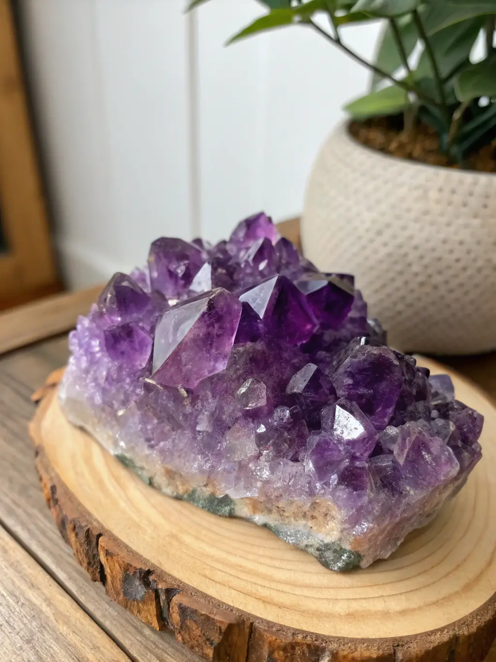 A close-up shot of an Amethyst Cluster, showcasing its deep purple crystals and intricate formations, highlighting its natural beauty and unique structure.